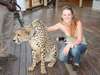 Leanne Rodney - meeting Sylvester the cheetah at Victoria Falls